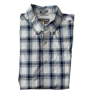 Eddie Bauer Travex Mens Button Up Shirt Medium Gray Plaid Classic Fit Pocket EUC